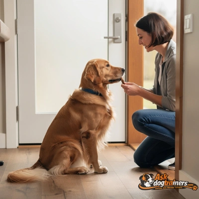 Dog learning polite manners at home near the front door